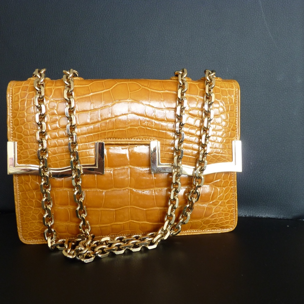 JUDITH LIEBER ORANGE ALLIGATOR PURSE GOLDEN HARDWA